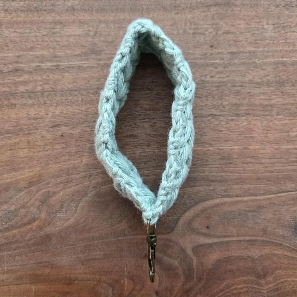 Handmade Crochet Wristlet Keychain Dusty Seafoam Cotton Floral Puff Key Fob